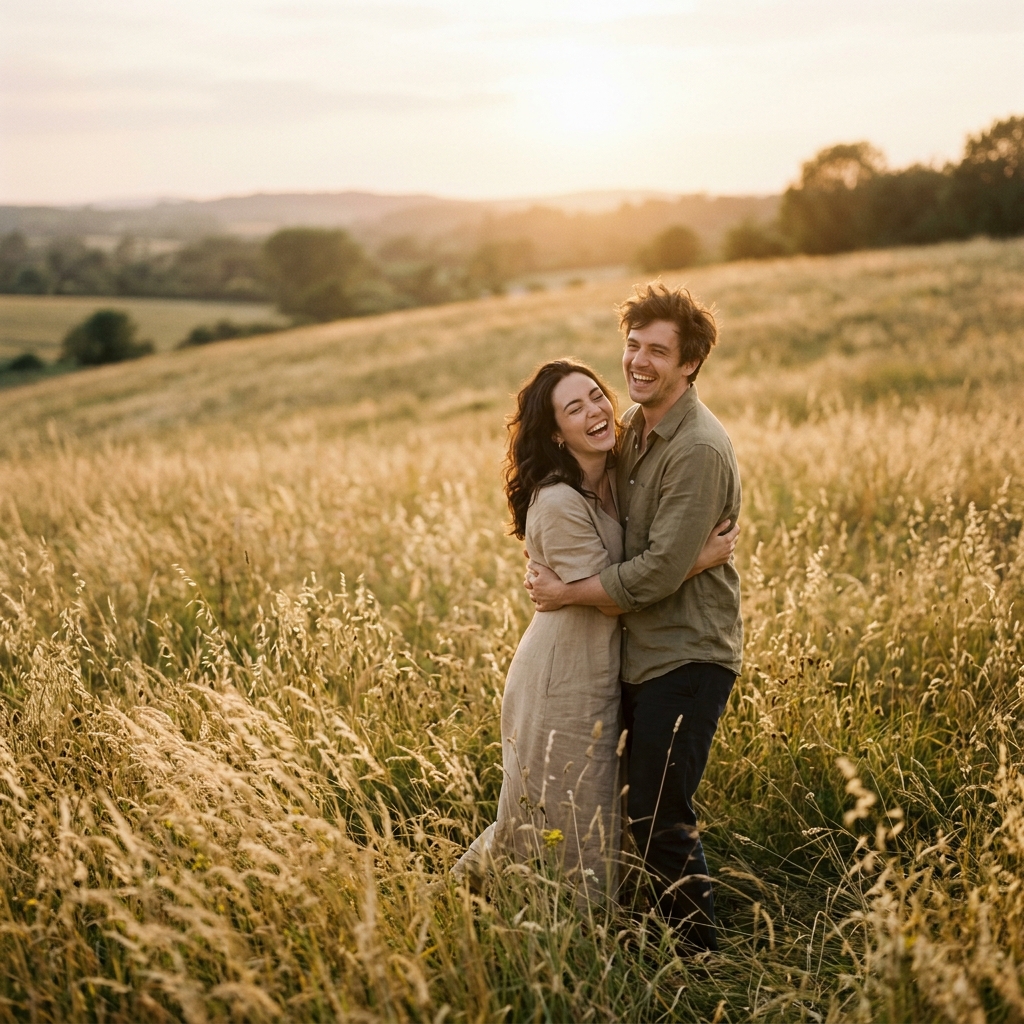 Pareja riendo en la naturaleza, luz cálida