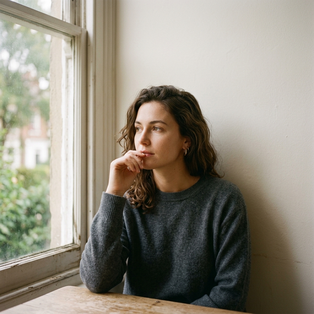 Retrato natural de mujer con luz de ventana cálida